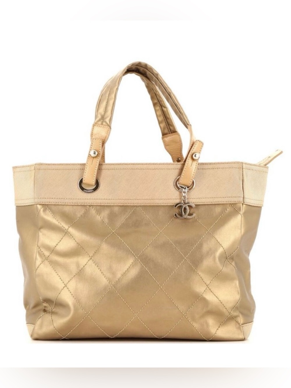 XL Chanel Biarritz Tote Quilted Coated Canvas (Large Gold w/COA card)